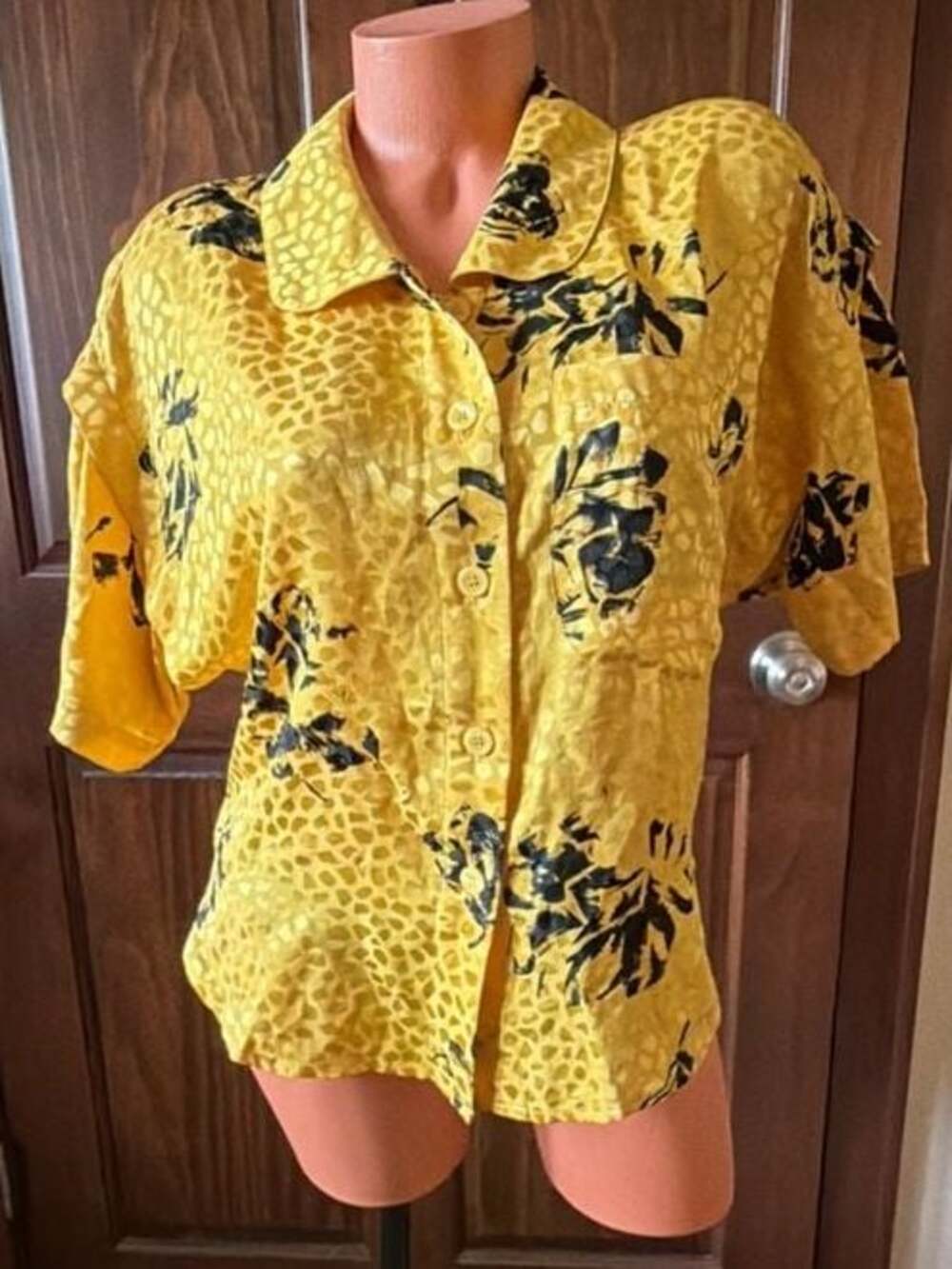 Silk Dragon Vintage 100% Silk Mustard Gold Jacquard Floral Print Blouse